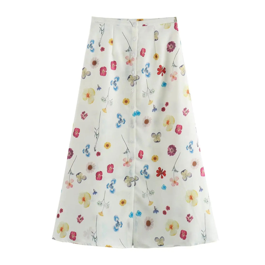 Women's Square Collar Lace-Up Slim Fit Top and Single Breasted A-Line Midi Skirt Two-Piece Set with Feminine Print