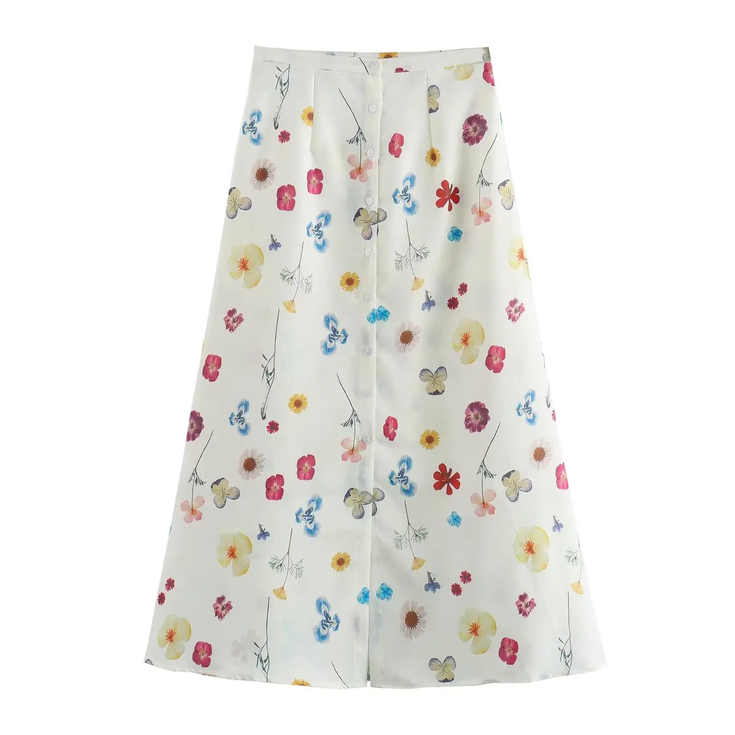 Women's Square Collar Lace-Up Slim Fit Top and Single Breasted A-Line Midi Skirt Two-Piece Set with Feminine Print