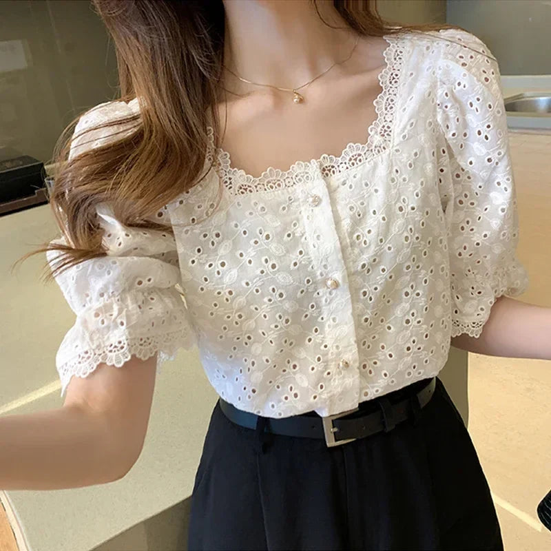 Elegant White Lace Blouse for Women Short Sleeve Square Collar Hollow Out Summer Shirt Chic and Breathable Feminine Top
