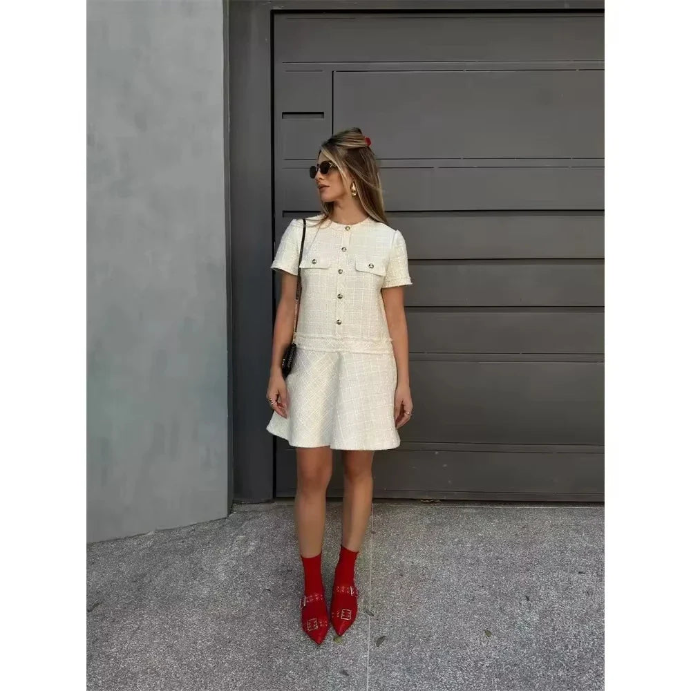 Women Textured Mini Dress Summer Round Neck Short Sleeve