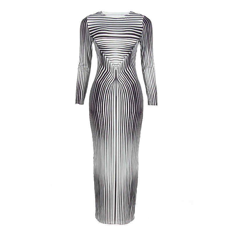 Autumn O Collar Long Sleeve Striped Evening Party Dress