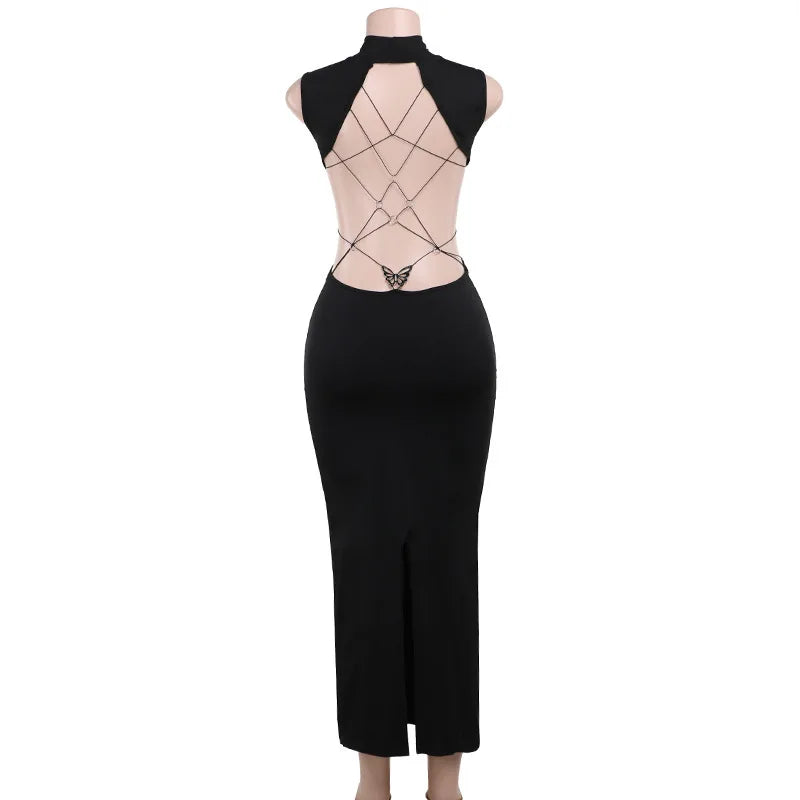 Backless Butterfly Bodycon Maxi Dress for Party Evening