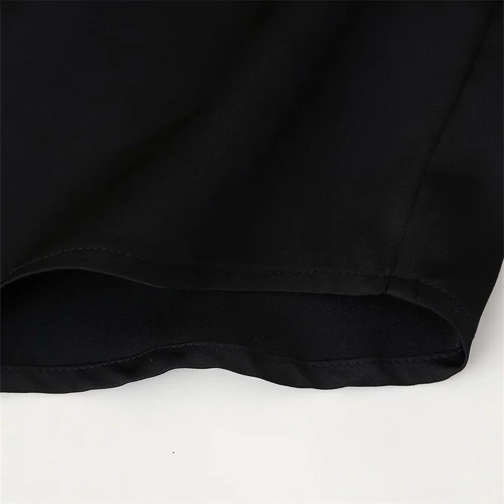 Women's Satin Texture Sequin Embroidered Shirt and High Waist Long Pants Set