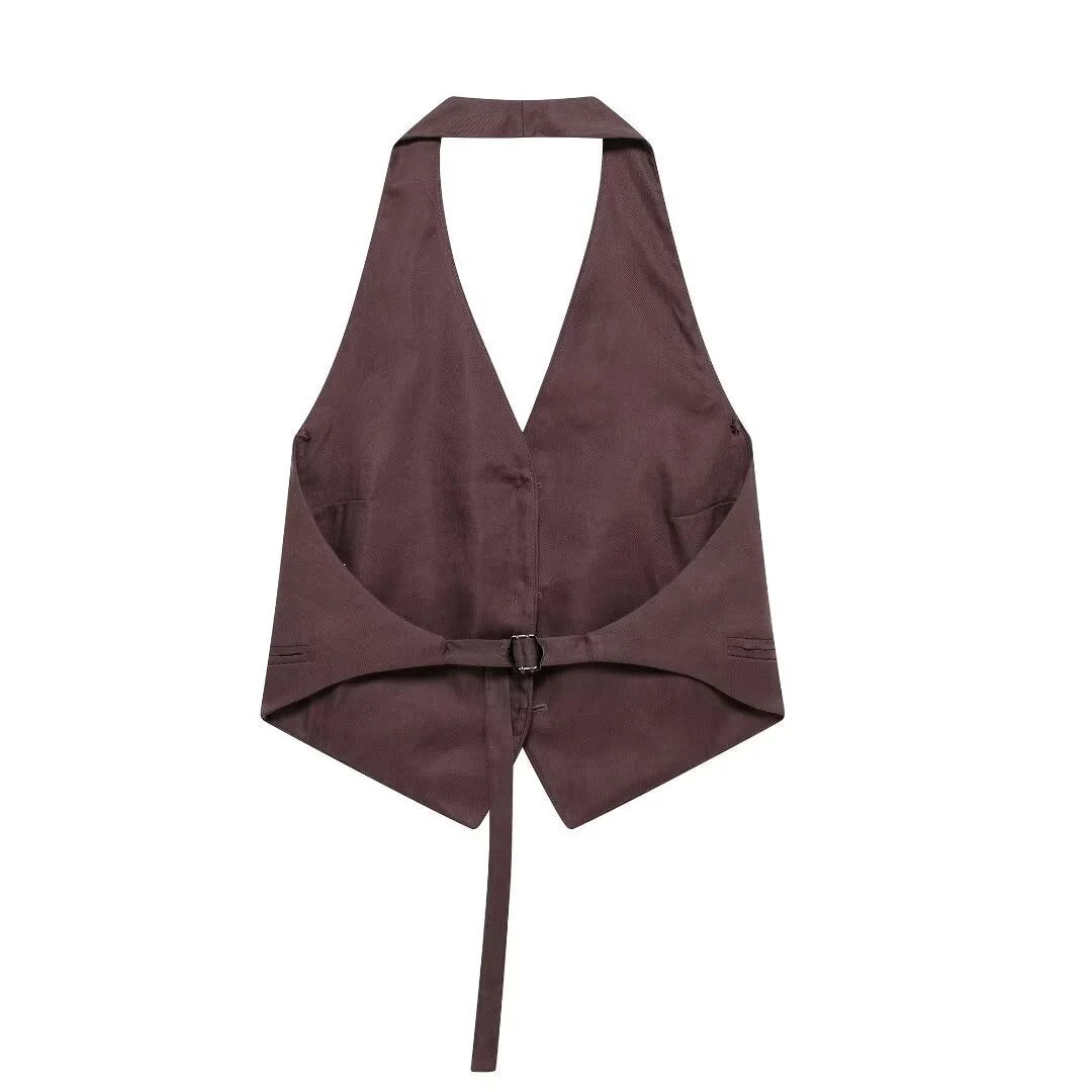 Vintage Chic Women's Suit Set with Solid Halter Vest and Straight Button Loose Pants for Office and Casual Wear