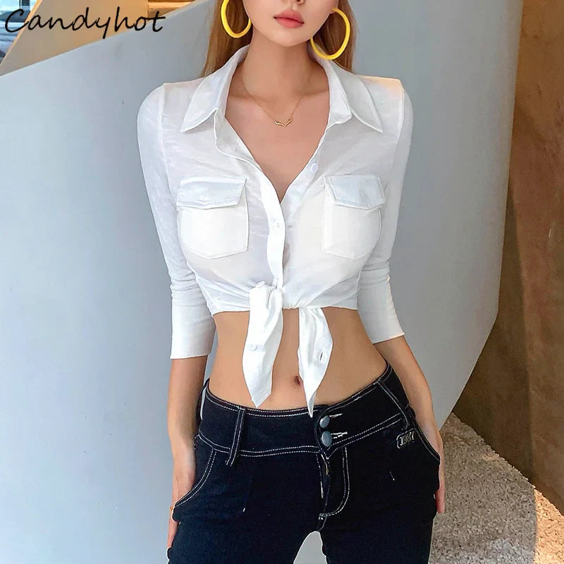 Sexy Polo Neck Button Up Crop Top Cardigan with Long Sleeves Twist Knot Bandage Vest for Women