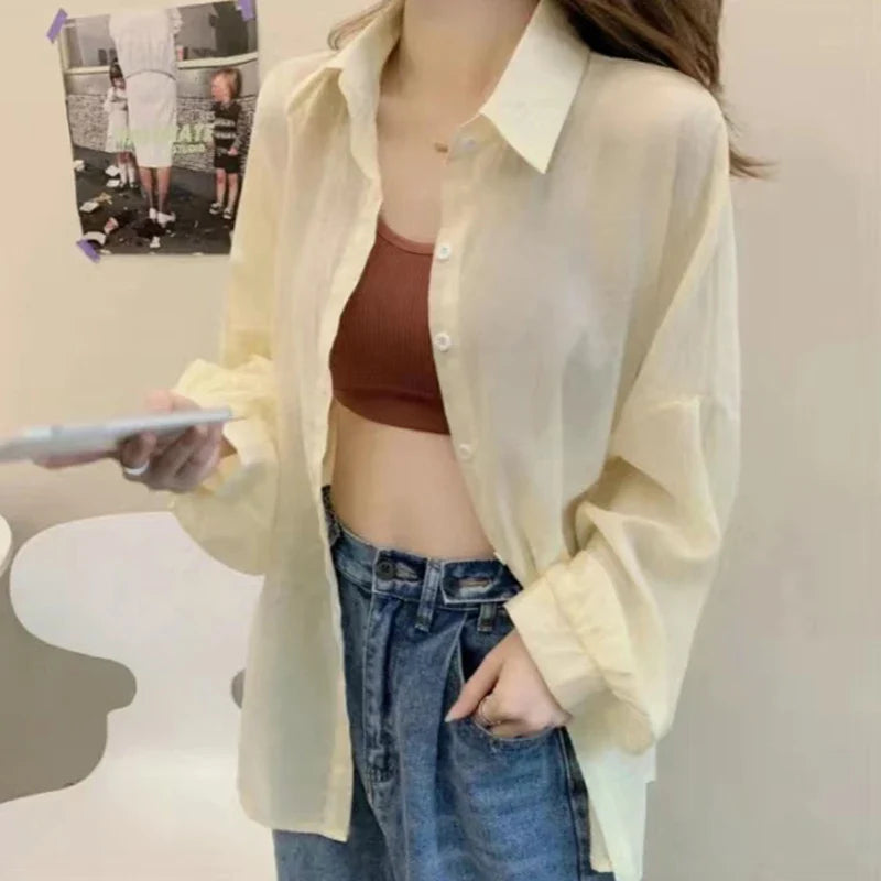 Women's Lightweight Sheer Chiffon Sunscreen Blouse Loose Fit Breathable Summer Shirt All Match Sun Protection Top