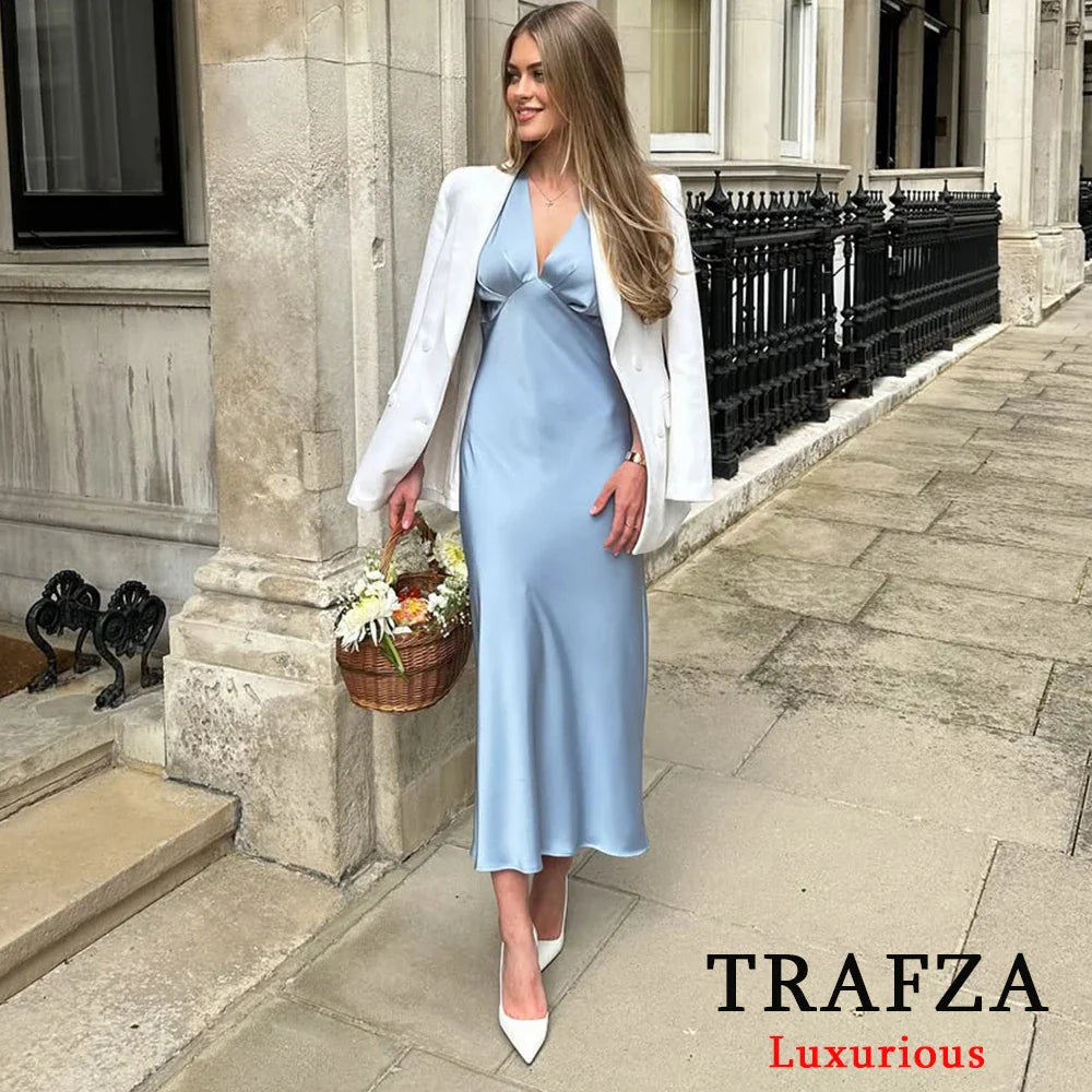 Satin V Neck Long Dress For Women Elegant Party Gown