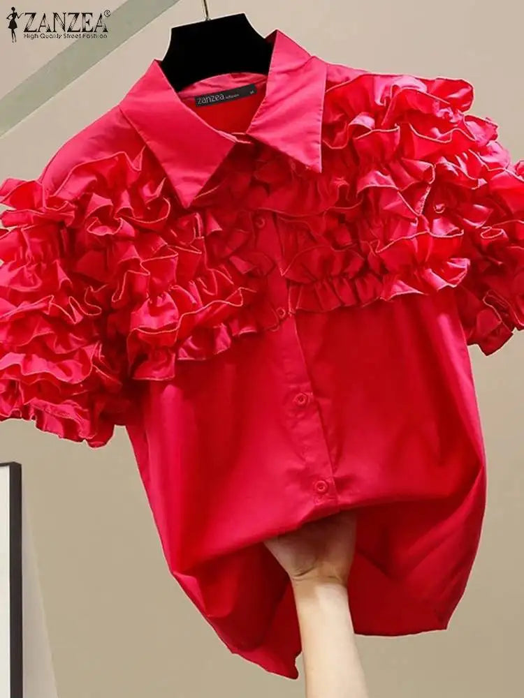 Women's Ruffle Trim Short Sleeve Blouse with Turn-Down Collar Casual Button-Up Solid Color Shirt