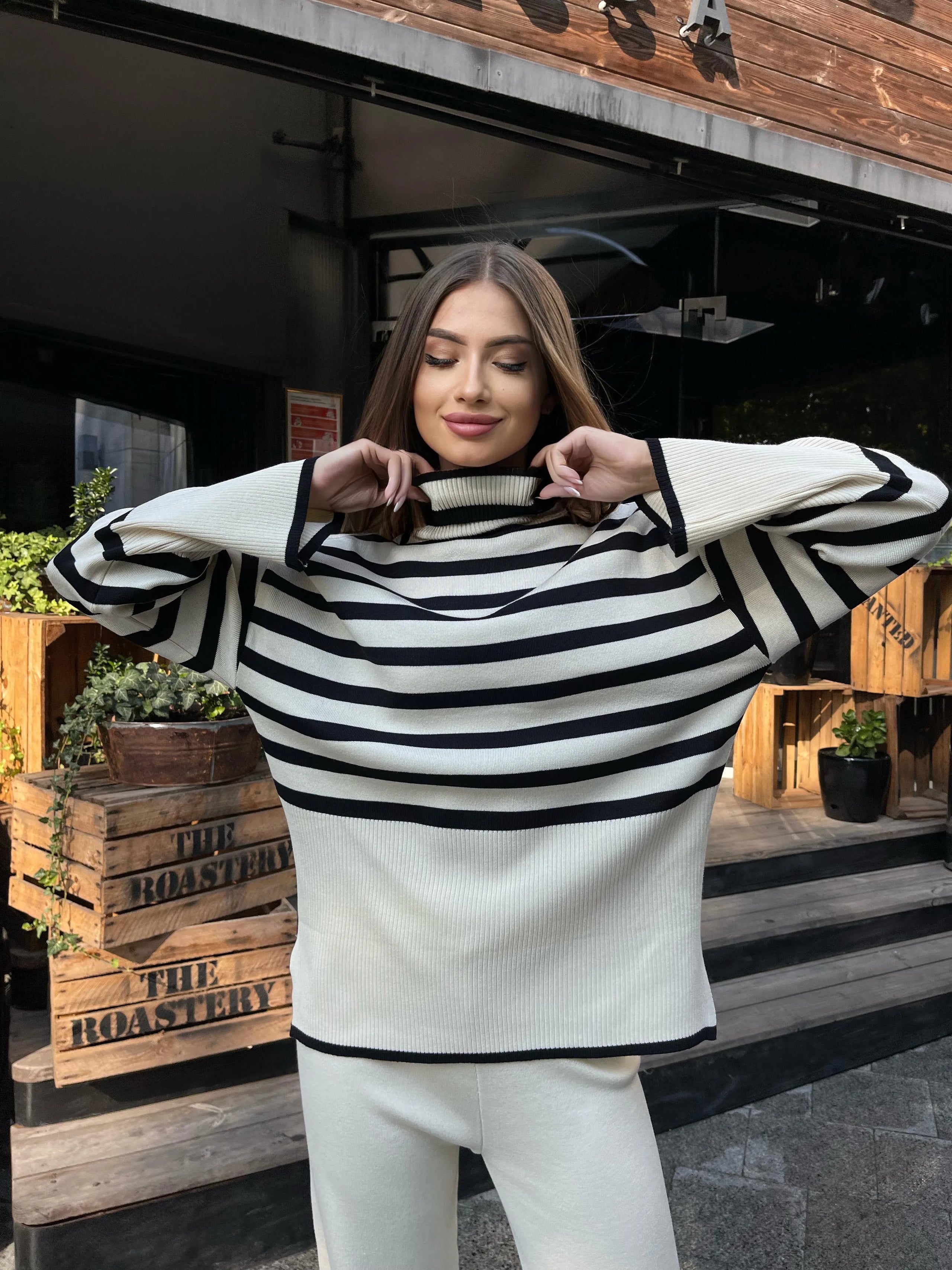 Winter Oversized Stripe Knitted Turtleneck Sweater Set with Casual Long Sleeve Pullover and Elastic Waist Pants