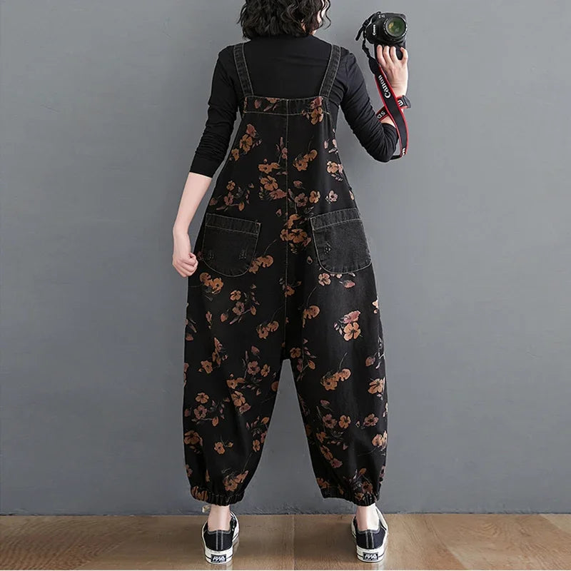 Vintage Floral Print Oversized Black Denim Jumpsuit Women Casual Baggy Cargo Pants Wide Leg Loose Fit Big Pockets Overalls