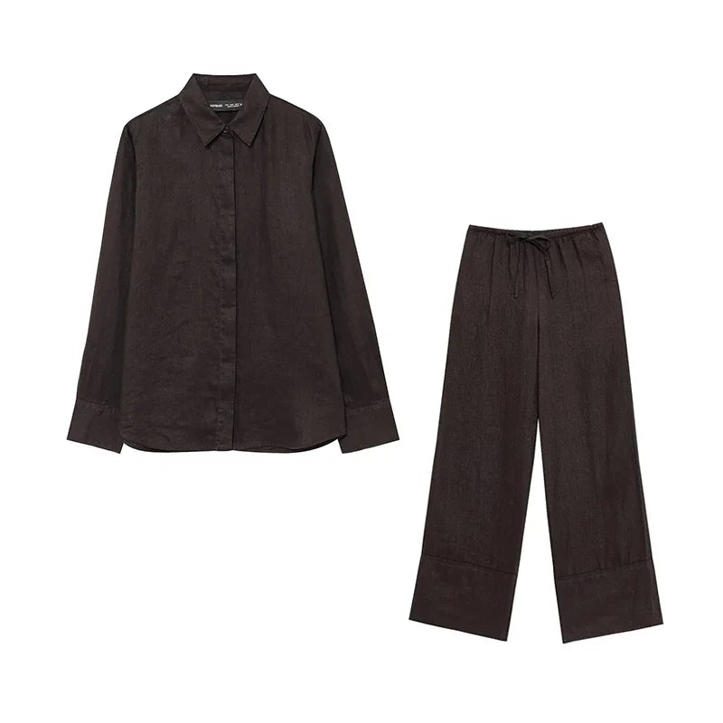 Wide Leg Pants Set for Women Casual Two Piece Outfit with Long Sleeve Shirt and Top