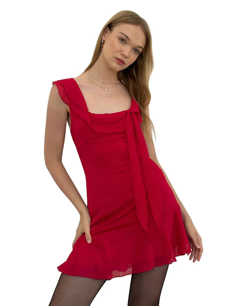 Sexy Tassels Patchwork Chiffon Mini Dress Sleeveless Zipper