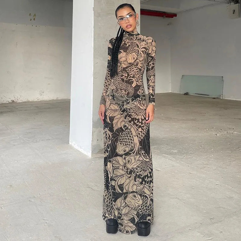 Elegant Long Sleeve Printed Maxi Dress With O Neck