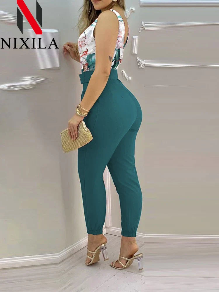 Summer V-Neck Backless Printed High Waist Jumpsuit for Women Sexy Bodysuit Overalls Streetwear Elegant Fit