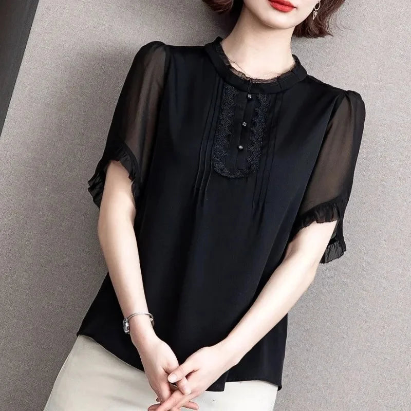 Women's Summer Chiffon Blouse Casual Short Sleeve O-Neck Top in Black Lightweight Breathable Shirt