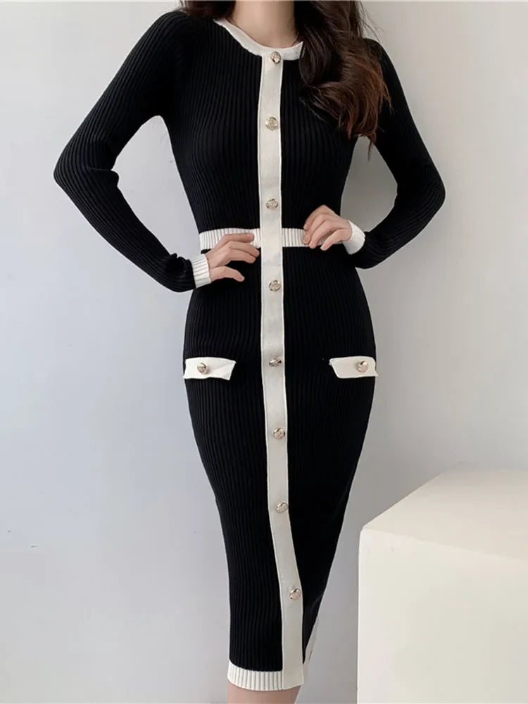 Black Knitted Midi Sweater Dress For Women Long Sleeve