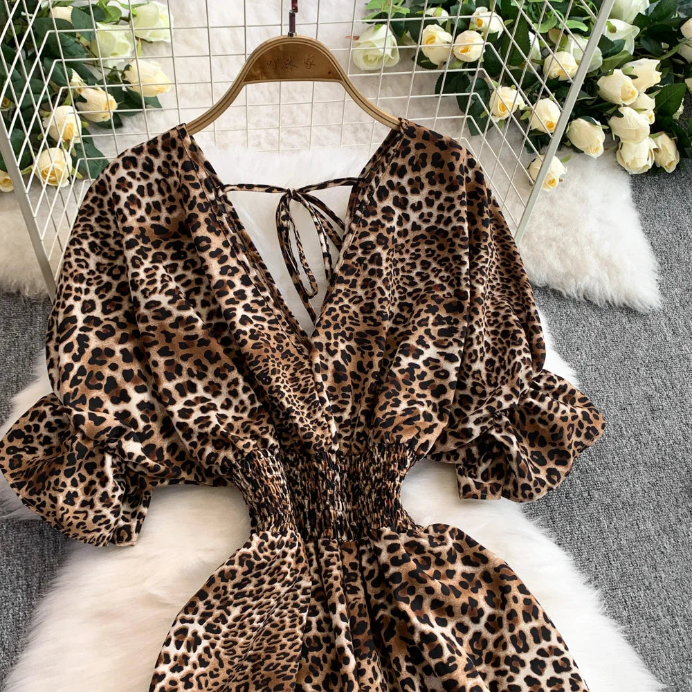 Women's Summer V-Neck Leopard Print Lace-Up Jumpsuit Short Sleeve Loose Fit Playsuit Overalls with Elegant Ruffle Detail
