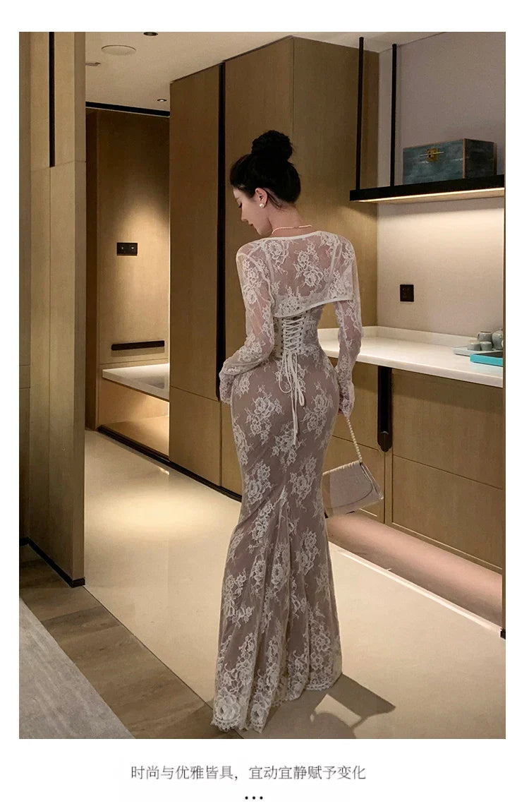 Elegant Mermaid Bandage Dress With White Lace For Wedding