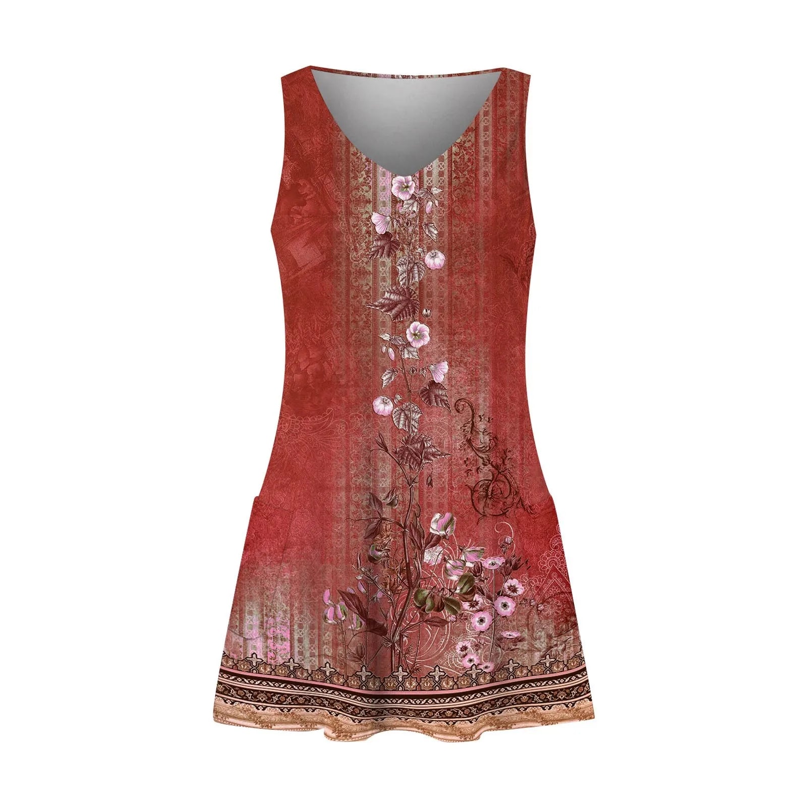 Boho Floral Knee Length Sundress With Pockets Loose