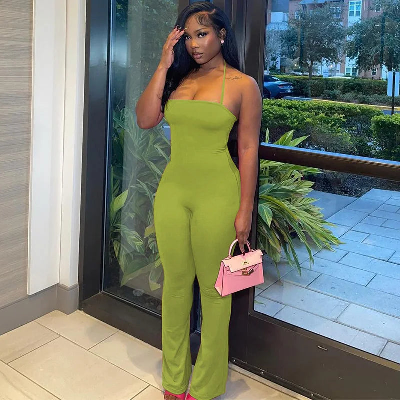 Sleeveless Halter Backless Bodycon Jumpsuit with Flare Pants Casual Rompers for Women Streetwear Festival Outfit