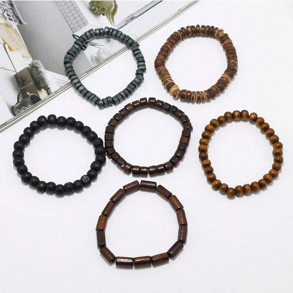 6PCS Wood Bead Leather Bracelet Set for Men Vintage Braided Wrap Fashion Armband