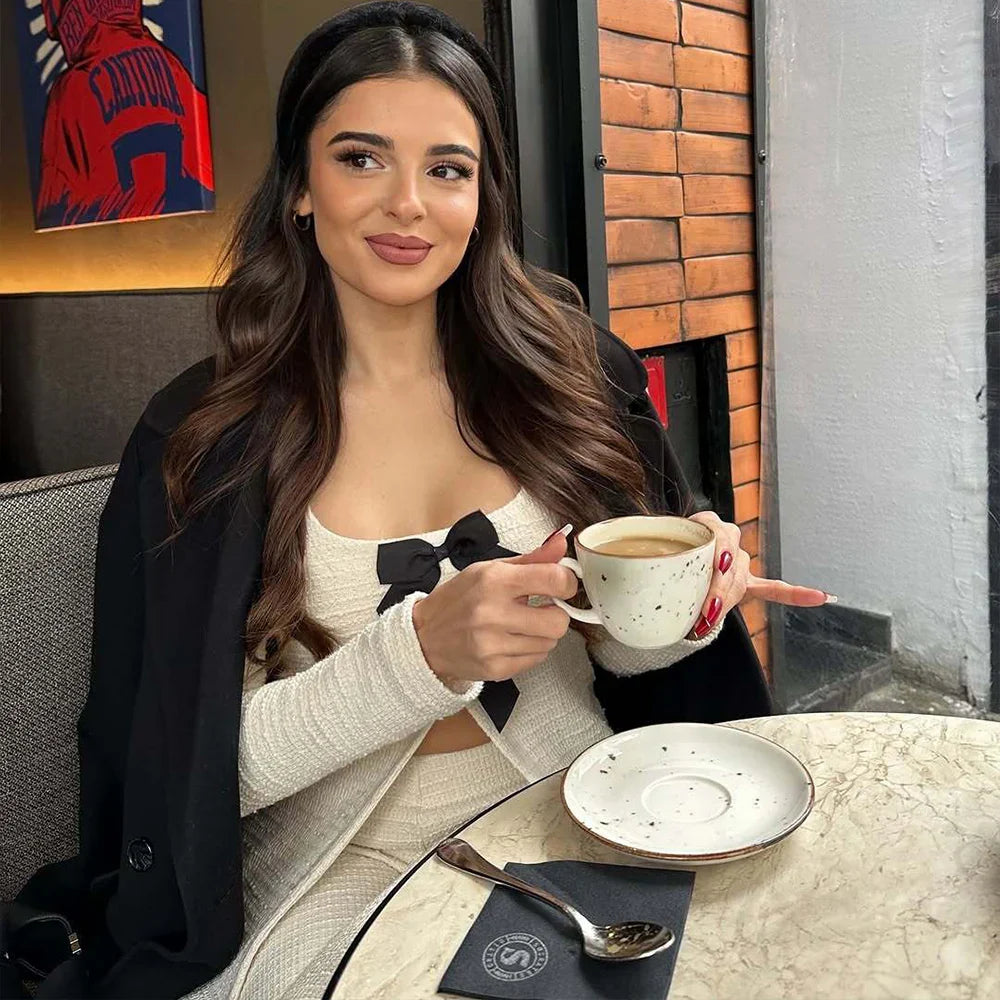 Fashionable Women's Bow Decoration Top and Slimming Texture Bell Bottom Pants Set