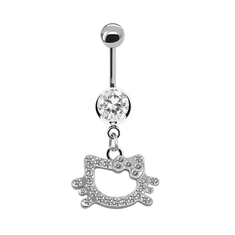 Trendy Pink Butterfly Cat Design Belly Button Ring for Women Stainless Steel Navel Piercing Jewelry