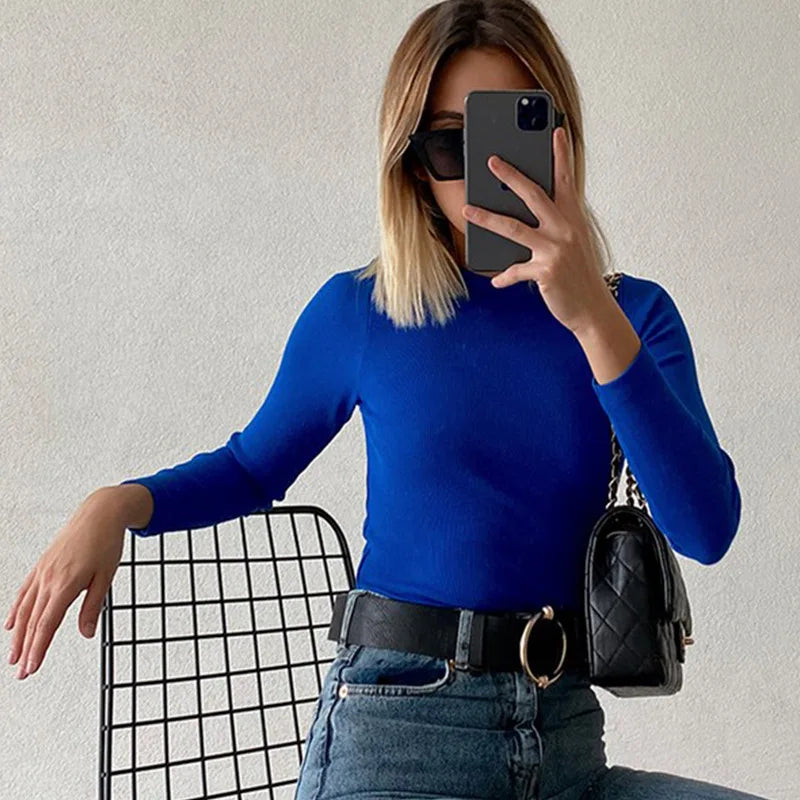 Ribbed Neck Green Cropped Long Sleeve T Shirt for Women - Slim Fit Mesh Top for Spring