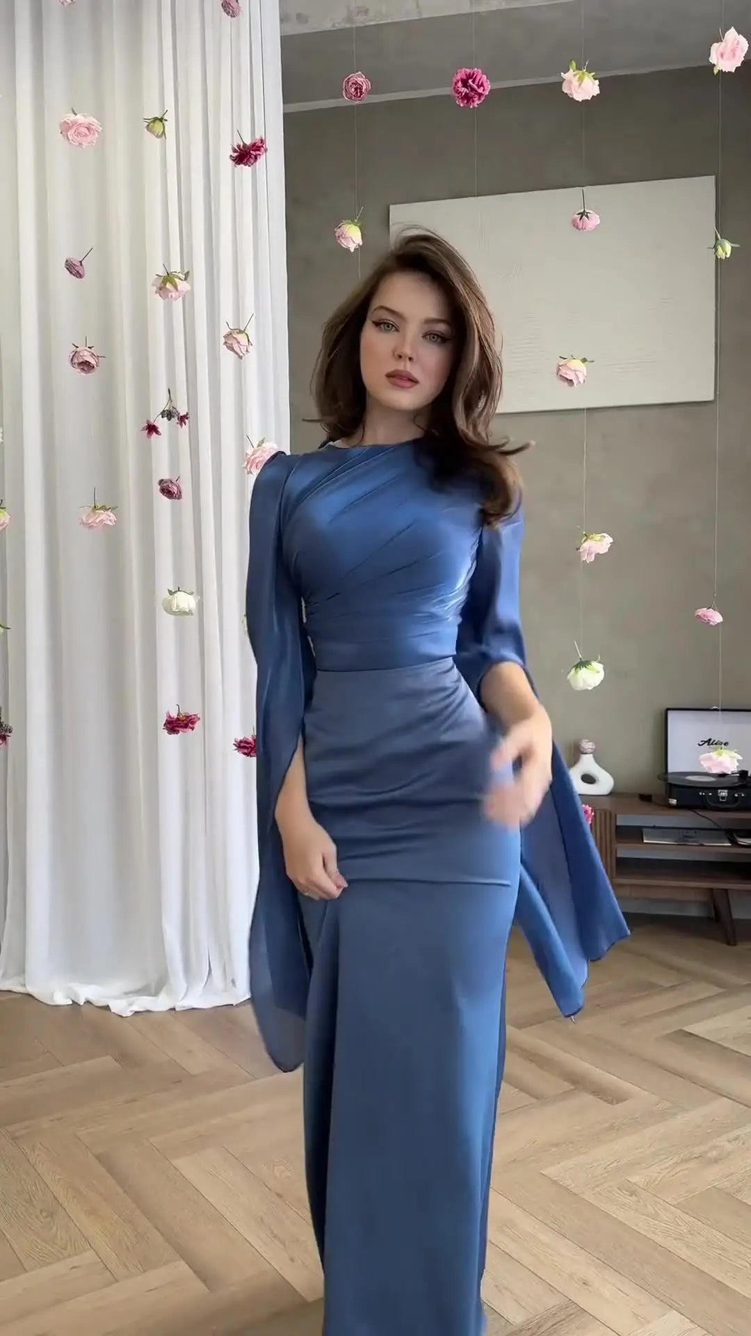 Summer Satin Long Sleeve Evening Gown Dress Slim Fit