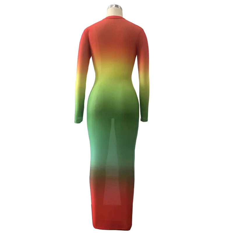 Rainbow Gradient Sheer O Neck Dress For Clubwear Nights