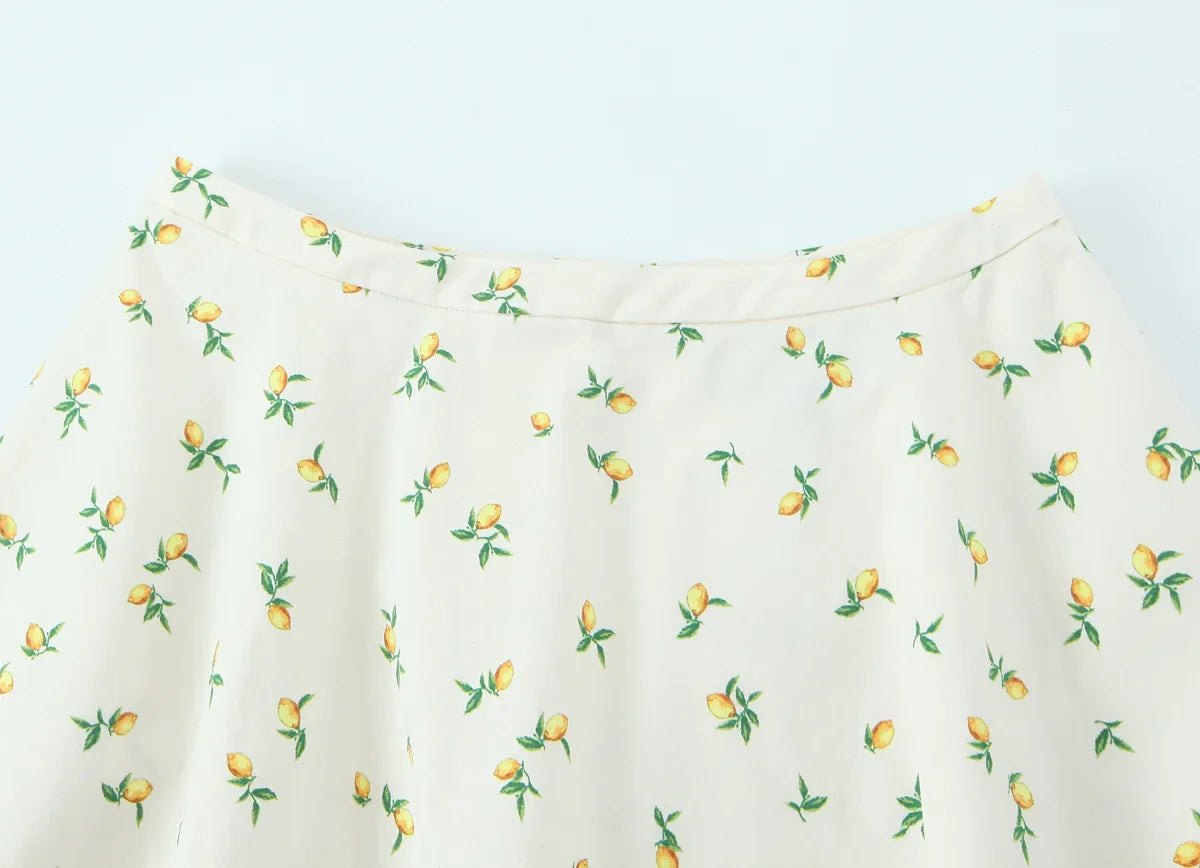 Casual Summer Two Piece Skirt Set for Women Lemon Print Backless Hanging Collar Tank Top with A-Line Mini Skirt Sleeveless Short Top