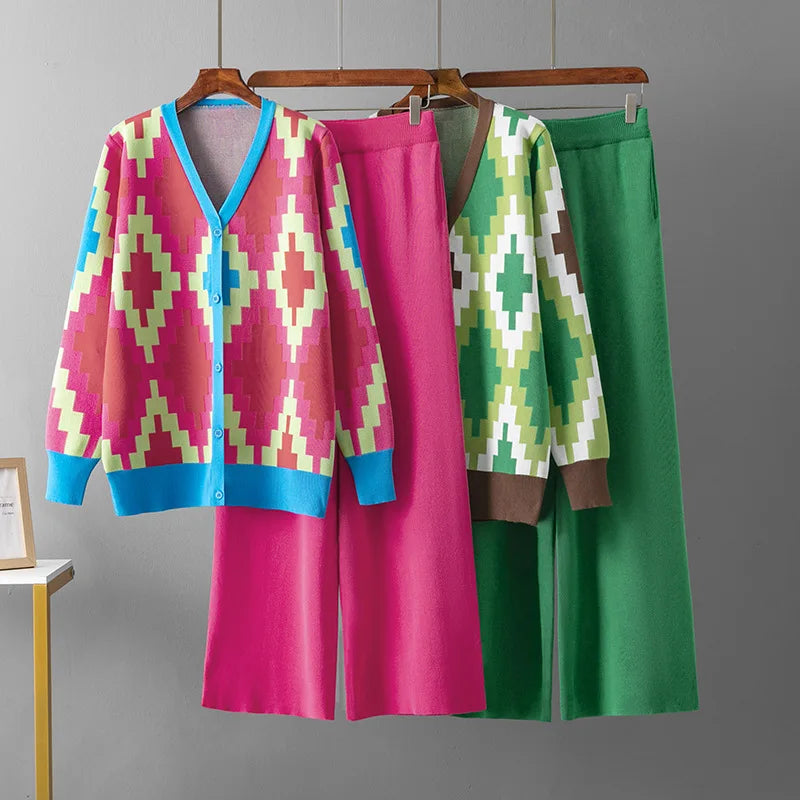 Women Casual V-neck Argyle Knit Cardigan and High Waist Wide Leg Pants Set