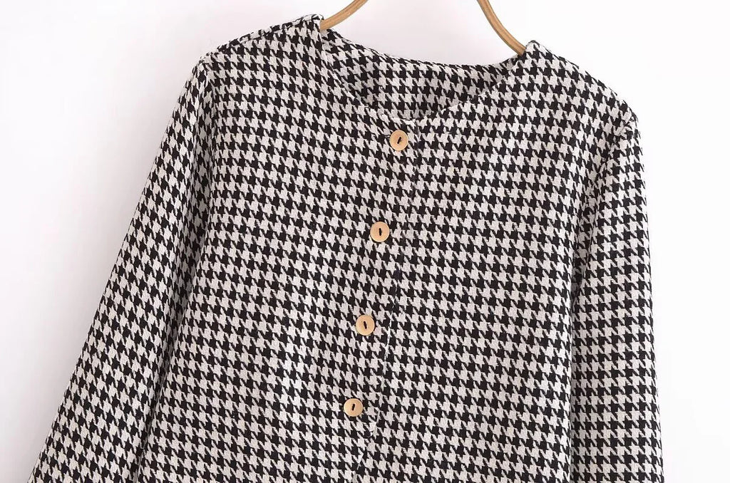 Spring Women's Houndstooth Long-Sleeve Round Neck Commuter Jacket with Casual Temperament Short Skirt Set