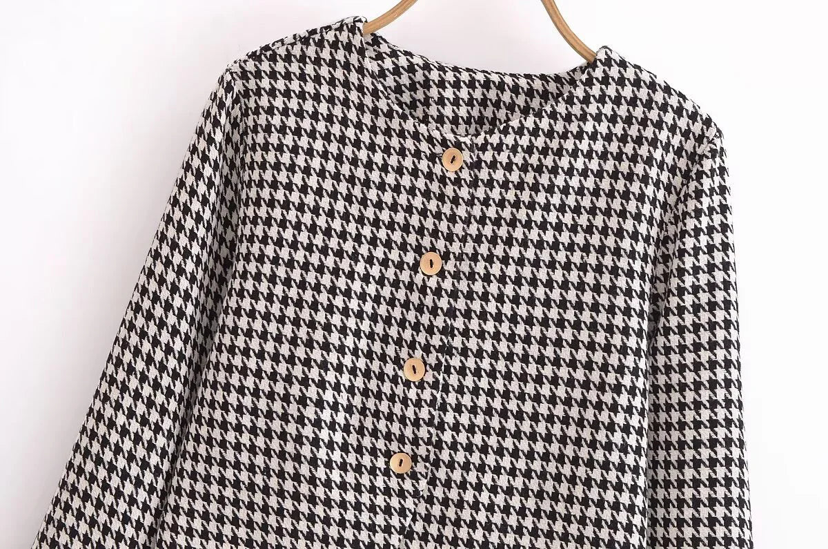 Spring Women's Houndstooth Long-Sleeve Round Neck Commuter Jacket with Casual Temperament Short Skirt Set