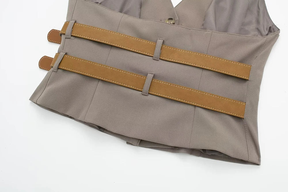 Women's Two-Piece Suit Set with Belt Halter V-Neck Top and High-Waisted Pleated Pants