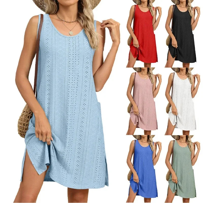 Loose Sleeveless Dress With Pockets Round Neck Solid Color