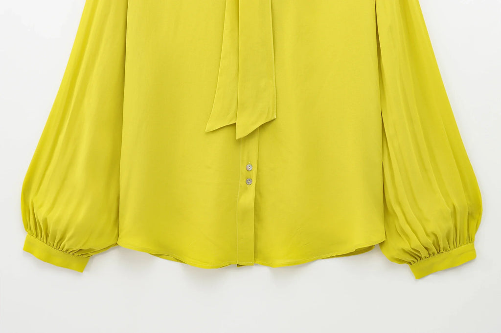 Solid Long Sleeve Bow Tie Blouse for Women Elegant Drawstring Office Shirt All-Match Top