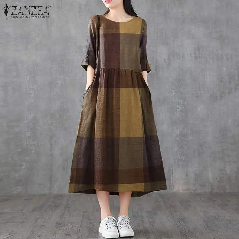 Cotton Linen Plaid Midi Sundress With Pockets O Neck