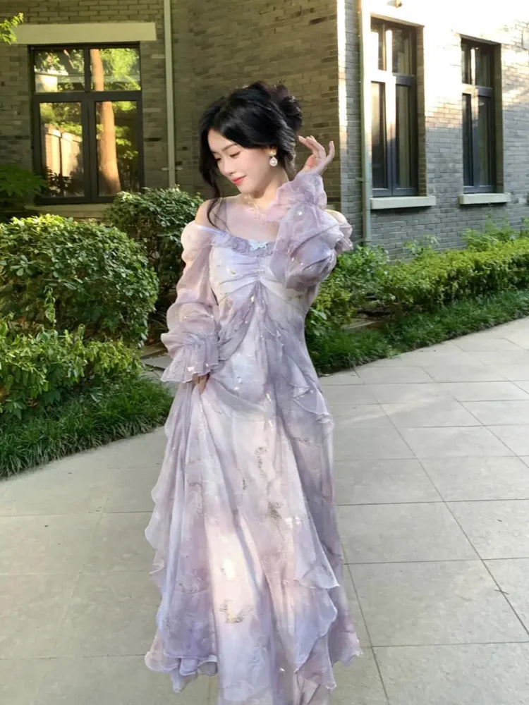 Off Shoulder Dress Ruffle A Line Long French Print