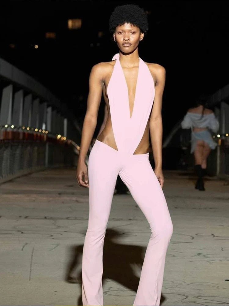 Backless Irregular Hollow Bandage Jumpsuit for Women Deep V-Neck Halter Skinny Stretch Sexy Hipster Streetwear