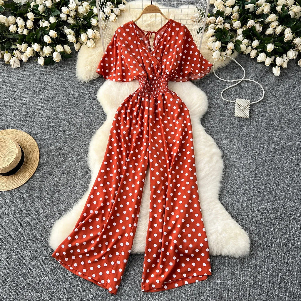 Elegant Polka Dot Romper for Women V-Neck Short Sleeve High Waist Wide Leg Jumpsuit Loose Fit Summer Playsuit