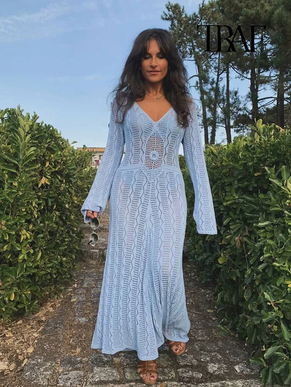 Blue Knit Beach Maxi Dress V Neck Long Sleeve Sheer