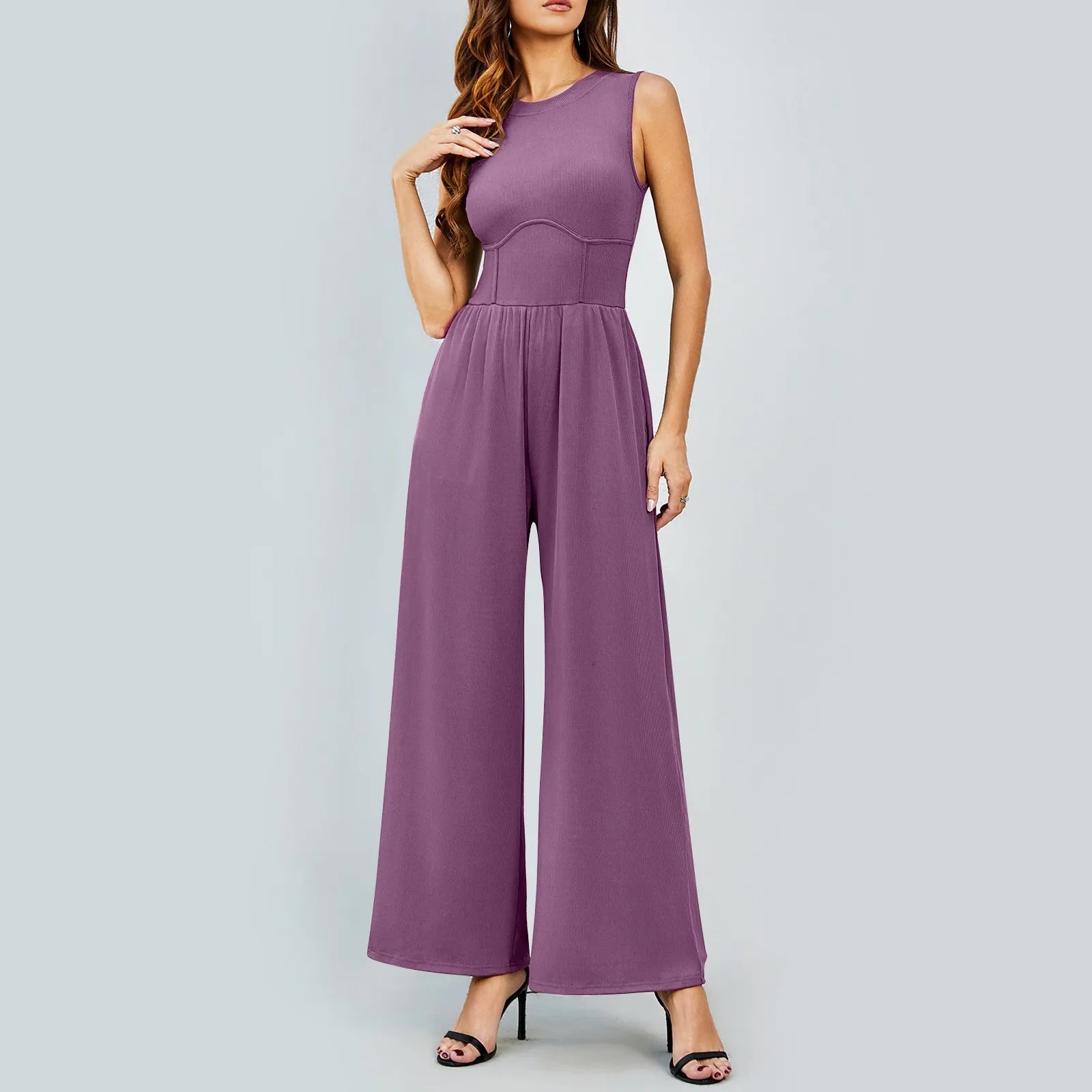 Women Sleeveless High Neck Ribbed Tank Top Jumpsuit Wide Leg Pants Romper with Tummy Control and High Waist Casual Summer Outfit