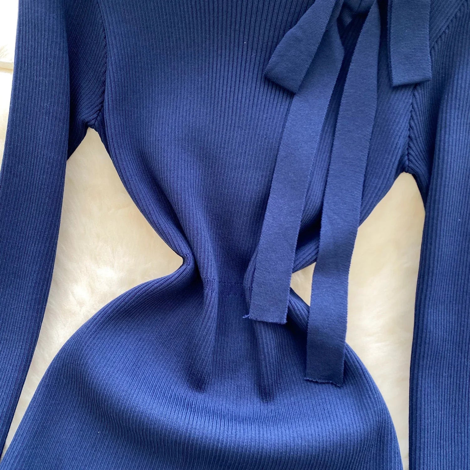 Knitted Short Dress With O Neck Bow Bodycon Chic Style