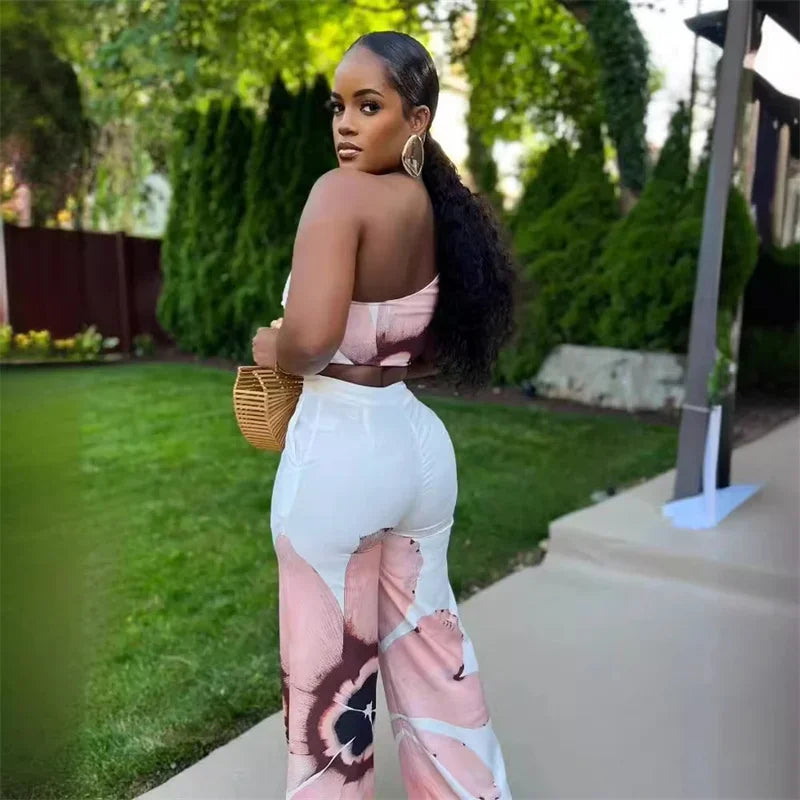 Flower Print Two Piece Set for Women One Shoulder Crop Top and Loose Wide Leg Pants Vacation Outfit
