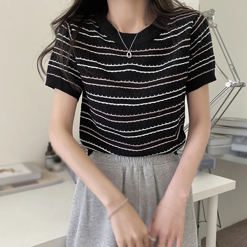 Summer Striped Women's Knitted Crop Top Casual O-Neck Short Sleeve T-Shirt Preppy Style Tees