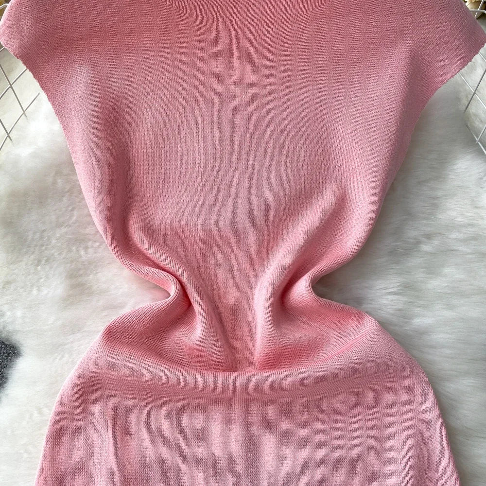 Pink Backless Summer Knit Bodycon Beach Dress for Women