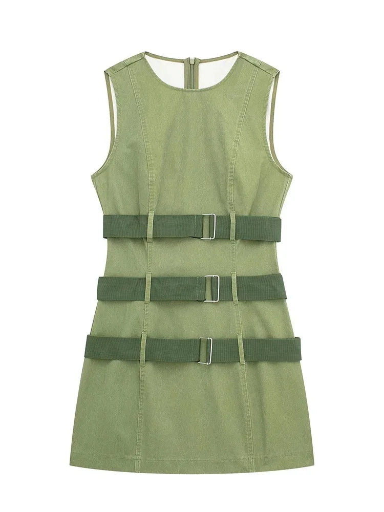 Green Belted Sleeveless Dress With Sweetheart Neckline