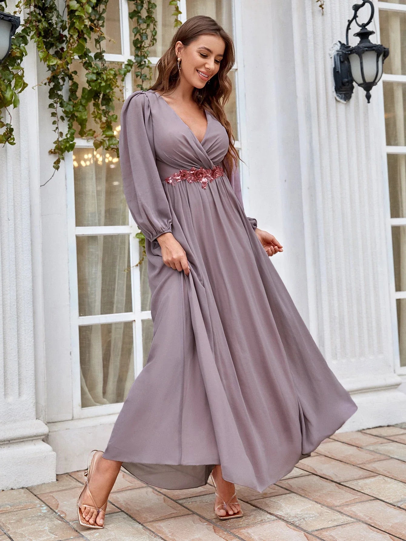 Beaded Print Chiffon V Neck Long Sleeve Evening Gown