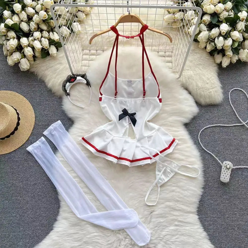 Sexy Nurse Costume Role Play Dress Pleated Sleeveless